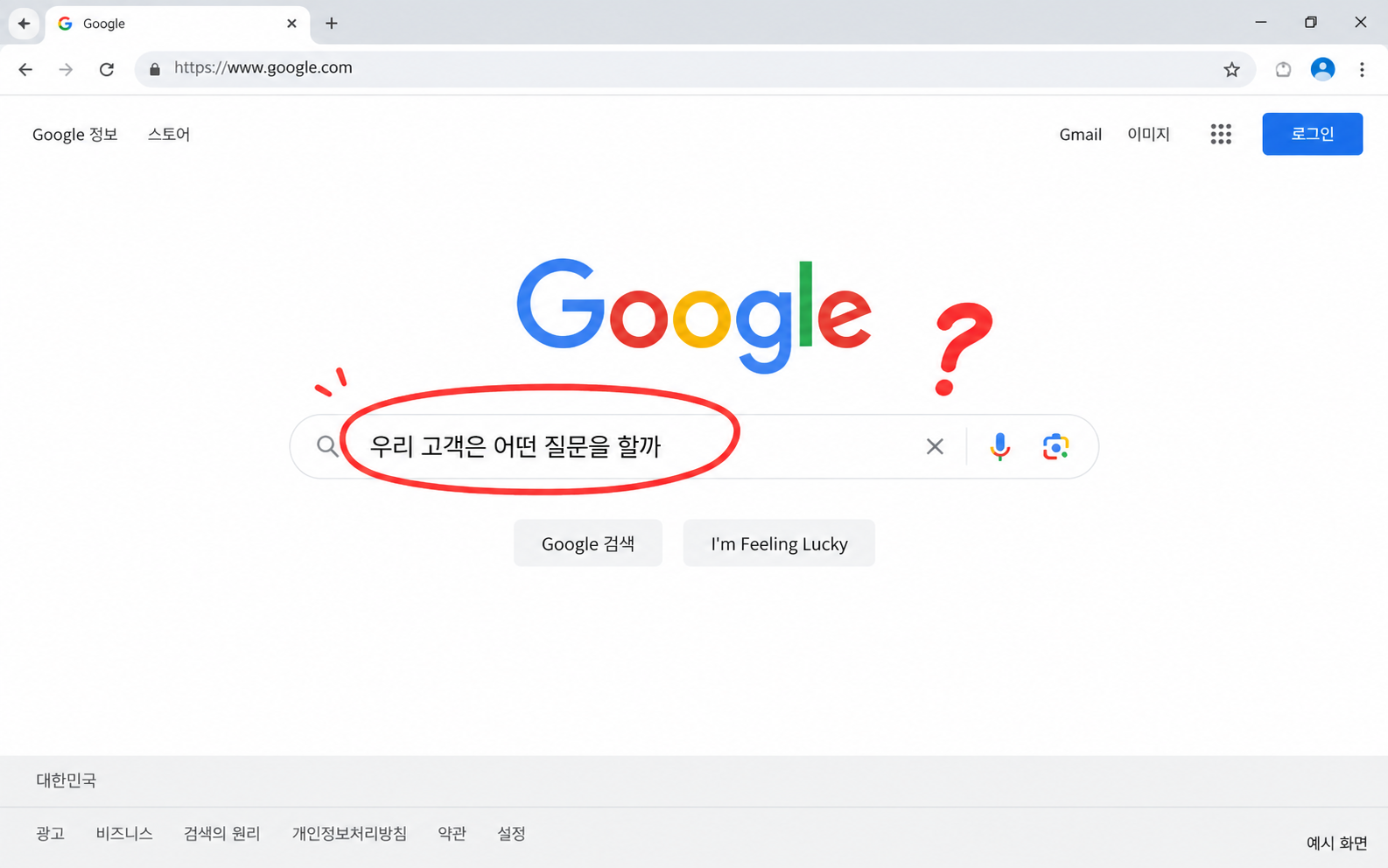 구글 검색창과 빨간 물음표로 고객의 질문을 떠올리는 화면